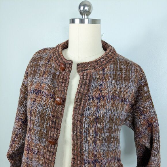 Vtg Wool Cardigan Sweater L Brown 90s Plaid Chunky Knit Button Pocket Heritage - Picture 4 of 14